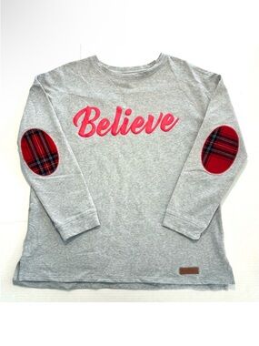 MarleyLilly BELIEVE Sweatshirt Oversized Elbow Patch Grey Red Christmas Size S/M